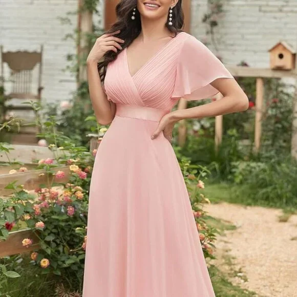 Surplice Flutter Sleeve Maxi Dress | A-Line Formal Solid Dress - Picture 4 of 9